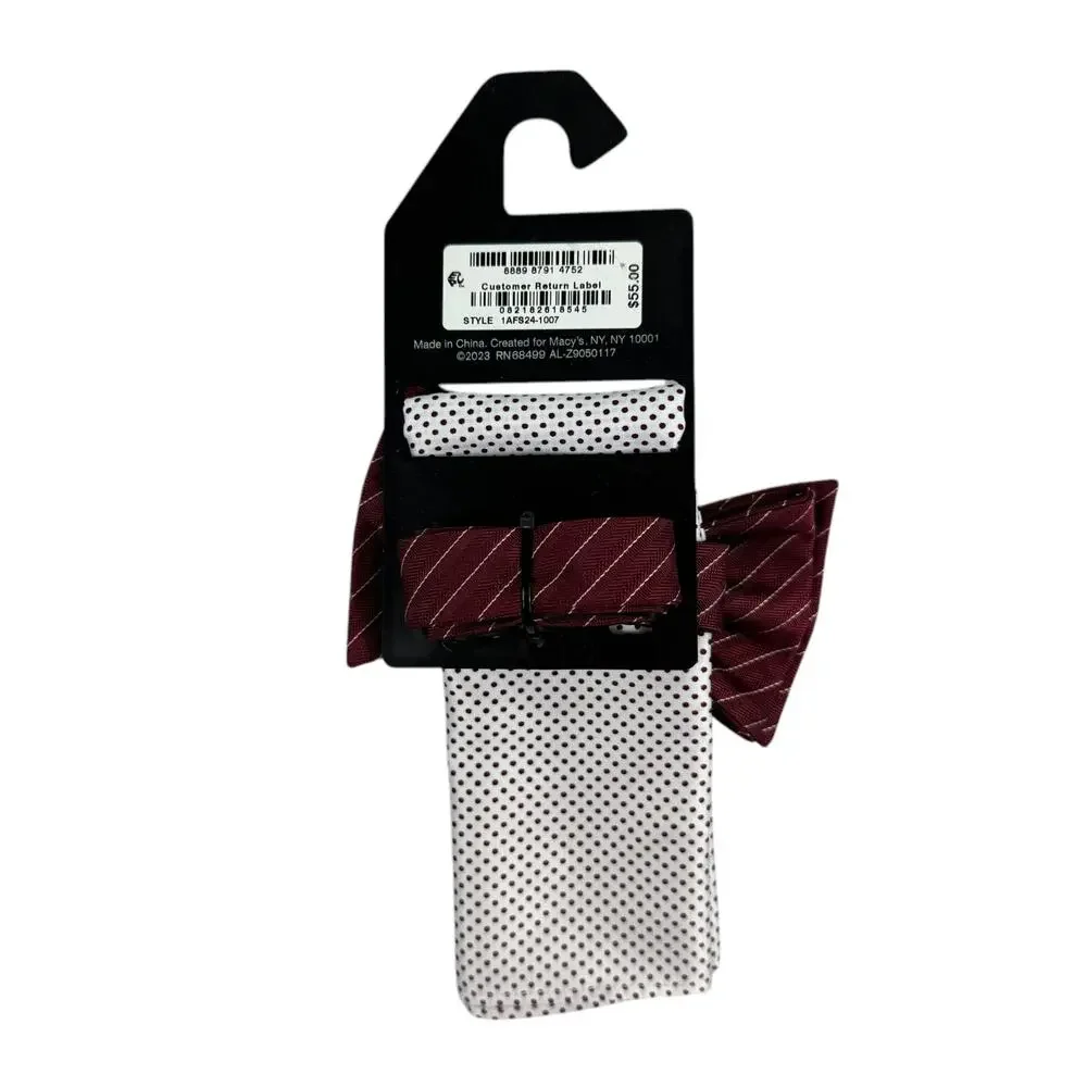 Alfani Mens Ozark Stripe Dot Print Bow Tie & Pocket Square Set Burgundy Red OS